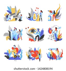 Doctors and medical equipment medicine isolated abstract icons vector traumatology and gynecology pharmacy and dentistry ophthalmology and cardiology otorhinolaryngology and surgery injection