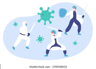 Doctors and medical health care professionals ninja team in special hazmat suits fighting with coronavirus pandemic using katana sword concept flat vector illustration. Stop corona virus 2019-nCoV.