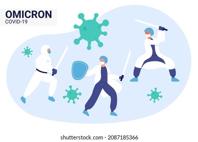 Doctors and medical health care professionals ninja team in special hazmat suits fighting with coronavirus omicron pandemic using katana sword vector illustration