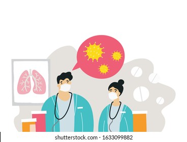 Doctors in medical masks protect against infection. Flat style illustration - Medical staff studying a virus into human lungs in a laboratory.