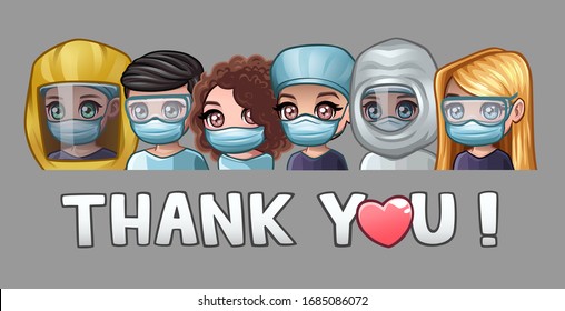 Doctors in medical masks and text thank you. Vector illustration
