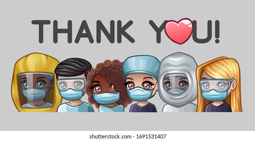 Doctors in medical masks and text thank you. Vector illustration