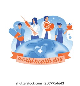 Doctors and medical personnel holding medical equipment. Group of people living a healthy lifestyle. World Health Day concept. Flat vector illustration.