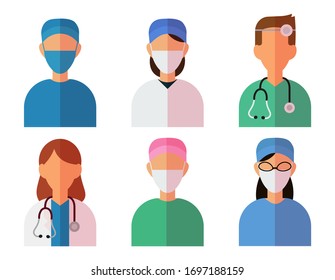 Doctors and medical staff colored isolated icons or avatars. Vector simple flat design.