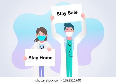 Doctors and medical staff holding poster requesting people avoid Coronavirus and Covid-19 spreading by staying at home. Coronavirus.