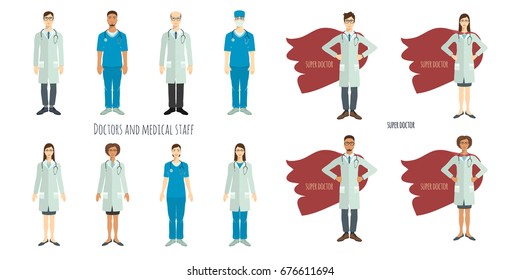 Doctors and medical staff. Professionals in flat style. Set of characters.