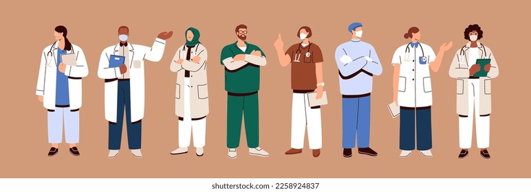 Doctors, medical staff set. General practitioners, medics, physicians, therapists and paramedics standing portraits. Clinic, hospital workers in uniform. Isolated flat graphic vector illustrations