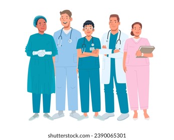 Doctors. Medical team. Men and women working in the healthcare sector. Vector illustration in flat style