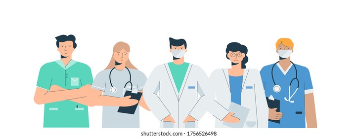 Doctors in medical uniforms set. Fearing doctors with coronovirus reception anesthesiologist therapist surgeon in mask nurse cardiologist stethoscope health care flat guarding vector human health.