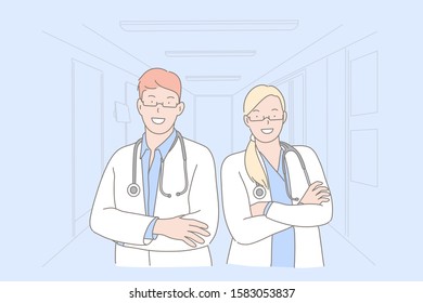 Doctors, medical workers, hospital staff concept. General practitioners wearing white coats. Smiling therapists with stethoscopes. Healthcare industry personnel. Simple flat vector