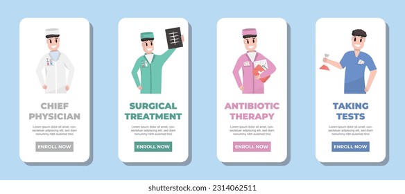 doctors, medical workers, one page landing, choose doctor app pages.. doctors in medical coats and T-shirts, surgeons and chief physicians in different poses. vector flat cartoon baners.