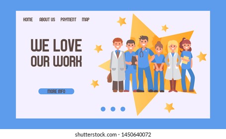 Doctors and medicine clinic main website page concept in flat style on star background vector illustration. Practitioner doctors man and woman in hospital or ambulance. Medical staff webpage.