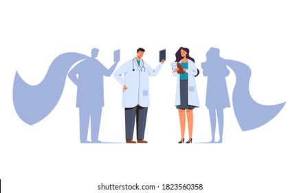 Doctors medicine workers super hero. Vector flat graphic design illustration