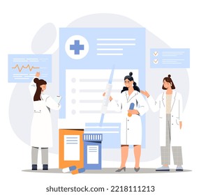 Doctors with medicines. Women with syringes on background of patients diagnosis. Pharmacists select appropriate drugs for treatment. Medical poster or banner. Cartoon flat vector illustration