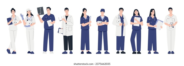 Doctors and medics. Cartoon medical workers in uniform giving treatment and care, medical clinic stuff with doctors and nurses in white coats. Vector set. Man and woman professional workers