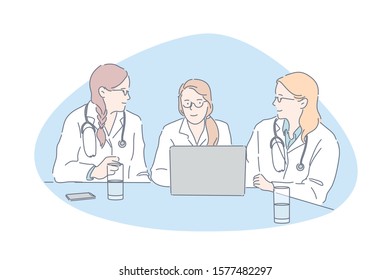 Doctors Meeting, Hospital Staff, Clinic Personnel Concept. Young Women In White Coats Talking, Medical College Students, Colleagues Communication, Physicians Council, Simple Flat Vector