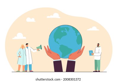 Doctors with megaphone next to huge hands holding Earth. Medical professionals making announcement flat vector illustration. World health day, healthcare concept for banner, website design