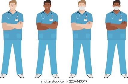 Doctors men in masks and without on a white background, vector illustration