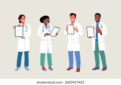 Doctors men and women showing clipboard in hands and advices use this copy space.. Full body. Vector flat style cartoon illustration. 