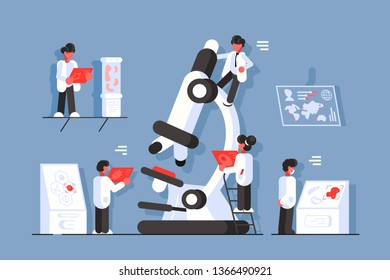 Doctors with microscope in laboratory vector illustration. Genetic scientists research dangerous disease flat style design. Healthcare concept. Scholars study different illnesses across the globe