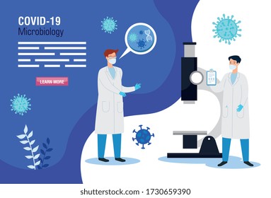 doctors and microscope with particles covid 19 vector illustration design