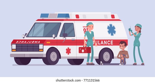 Doctors near the ambulance car. Team helping young man with injured or hurt leg, vehicle arrived at emergency call for help. Medicine and healthcare concept. Vector flat style cartoon illustration