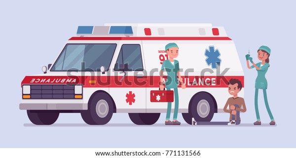Doctors near the ambulance car. Team helping\
young man with injured or hurt leg, vehicle arrived at emergency\
call for help. Medicine and healthcare concept. Vector flat style\
cartoon illustration