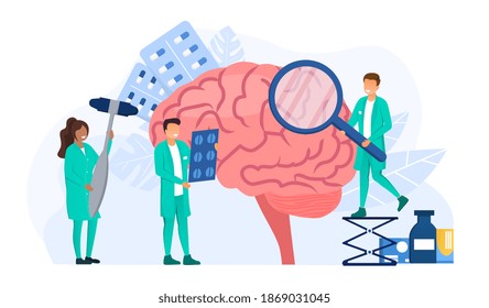 Doctors Neurologists Examining Patients Brain. Abstract Medical Treatment And Medical Care Concept. Diverse Multiracial Doctors Examining Brain With Magnifier. Flat Cartoon Vector Illustration