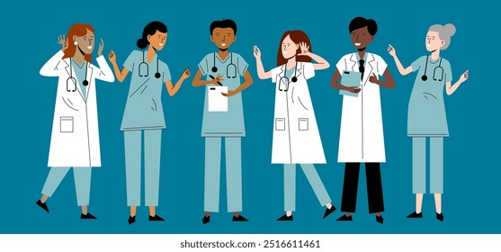 Doctors and nurse. Hospital medical team. Medicine workers. Doctor, surgeon, physician, paramedic, nurse. Group of friendly medical workers. Doctors, orderlies, nurses vector characters