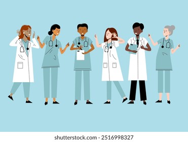 Doctors and nurse. Hospital medical team. Medicine workers. Doctor, surgeon, physician, paramedic, nurse. Group of friendly medical workers. Doctors, orderlies, nurses vector characters	