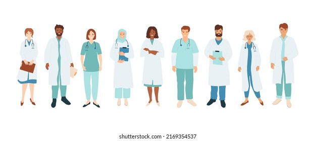 Doctors and nurse set, diverse healthcare professional team. Young women and men in medical uniform with stethoscope and holding clipboard. Vector illustration with standing people.