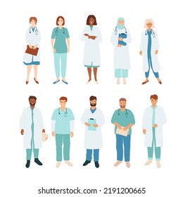 Doctors and nurse set, diverse healthcare professional team. Clinic characters. Young women and men in medical uniform with stethoscope and holding clipboard. Vector illustration with standing people.