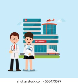 Doctors and nurse standing in front of hospital building with ambulance and helicopter,  medical health care cartoon character flat design vector illustration.