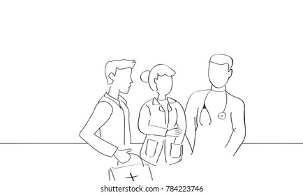 Doctors and nurse talking and discussing isolated on white background. For web site,poster,placard,print material and mobile app. Creative art, modern drawing concept, vector illustration