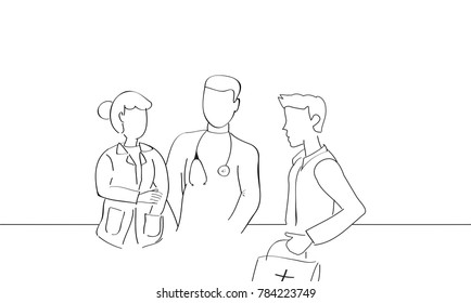 Doctors and nurse talking and discussing isolated on white background. For web site,poster,placard,print material and mobile app. Creative art, modern drawing concept, vector illustration