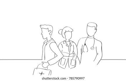 Doctors and nurse talking and discussing isolated on white background. For web site,poster,placard,print material and mobile app. Creative art, modern drawing concept, vector illustration