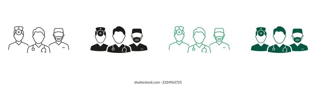 Doctors and Nurse Team Line and Silhouette Icons. Healthcare Professional Hospital Staff Symbol Collection. Medical Specialists Group Black and Color Pictogram Set. Isolated Vector Illustration.