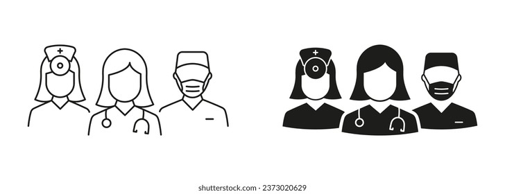 Doctors and Nurse Team Line and Silhouette Black Icon Set. Medical Specialists Group Pictogram. Healthcare Professional Hospital Staff Symbol Collection. Isolated Vector Illustration.