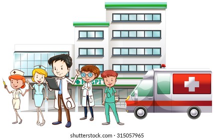 Doctors and nurse working at hospital illustration