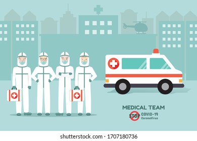 Doctors and nurse,medical team, wearing PPE uniform standing in front of hospital with ambulance. Coronavirus Disease awareness.
