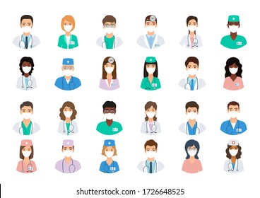 Doctors and nurses avatars in medical masks. Set of medicine employee faces. Group men and women portfolio avatars isolated on white background. Vector illustration. Healthcare concept. Hospital staff