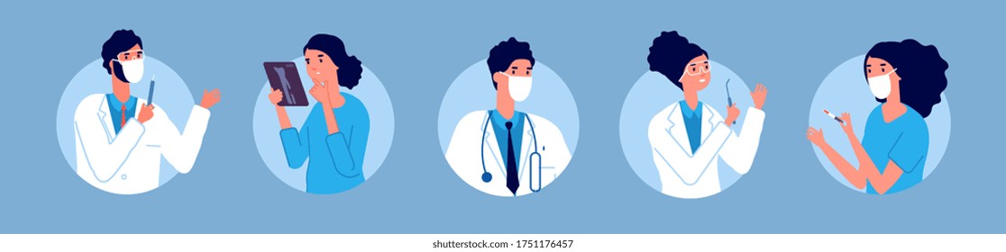 Doctors nurses avatars. Medical staff, healthcare hospital team in protective masks. Flat therapist, surgeon and dentist. People working in clinic, emergency vector illustration