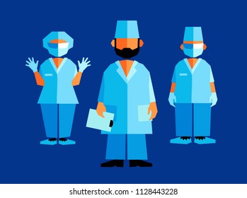 Doctors or nurses. Cartoon characters, hospital workers, wearing medical uniform, face mask, glasses and gloves. Vector illustration