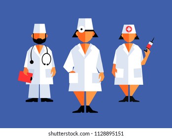Doctors and nurses. Cartoon characters of medical workers, isolated, blue background. Vector illustration