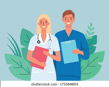 Doctors and nurses cartoon characters medical hospital team fighting the coronavirus illustration