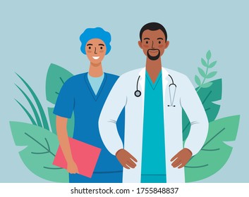 Doctors and nurses cartoon characters medical hospital team fighting the coronavirus illustration