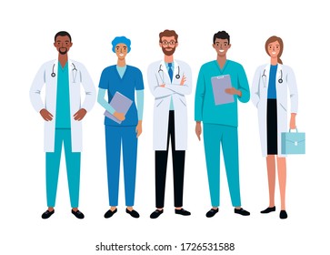 
Doctors and nurses cartoon characters on white background. Stop coronavirus