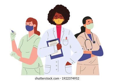 Doctors and nurses characters in medical face mask. Medical team, professional hospital workers, group of medics. Set of people in medical clothes. Flat illustration isolated on white background. 
