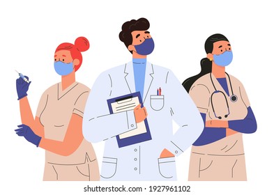 Doctors and nurses characters in medical face mask. Medical team, professional hospital workers, group of medics. Set of people in medical clothes. Flat illustration isolated on white background. 