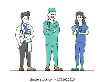 Doctors and Nurses Characters Wearing Robe with Medical Tools Stand in Row. Clinic or Hospital Healthcare Staff at Work, Medicine Profession, Practitioner Occupation. Linear People Vector Illustration